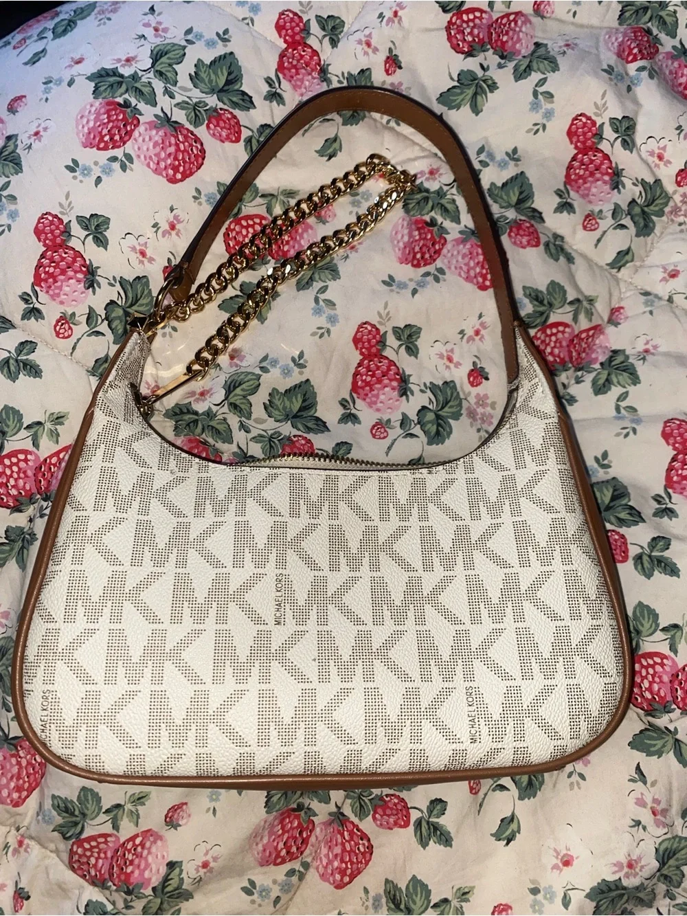 Michael Kors Cream Logo Shoulder Bag with Gold Chain